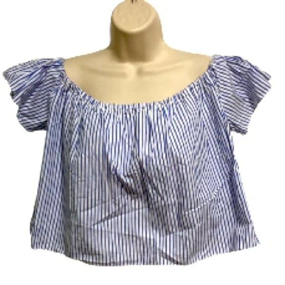 ZARA BASIC COLLECTION Nautical Blue White Stripes Over Shoulder Crop Top Large - Picture 7 of 15